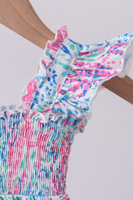 Blue marine smocked ruffle bubble