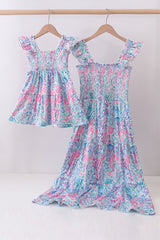 Blue marine smocked ruffle tiered mom&me dress