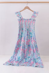 Blue marine smocked ruffle tiered mom&me dress
