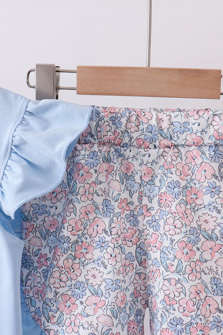 Blue floral boot applique ruffle shorts set