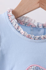 Blue floral boot applique ruffle bubble