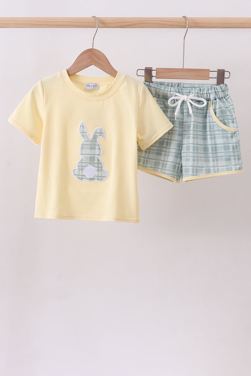 Yellow bunny applique plaid shorts set