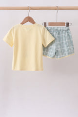 Yellow bunny applique plaid shorts set