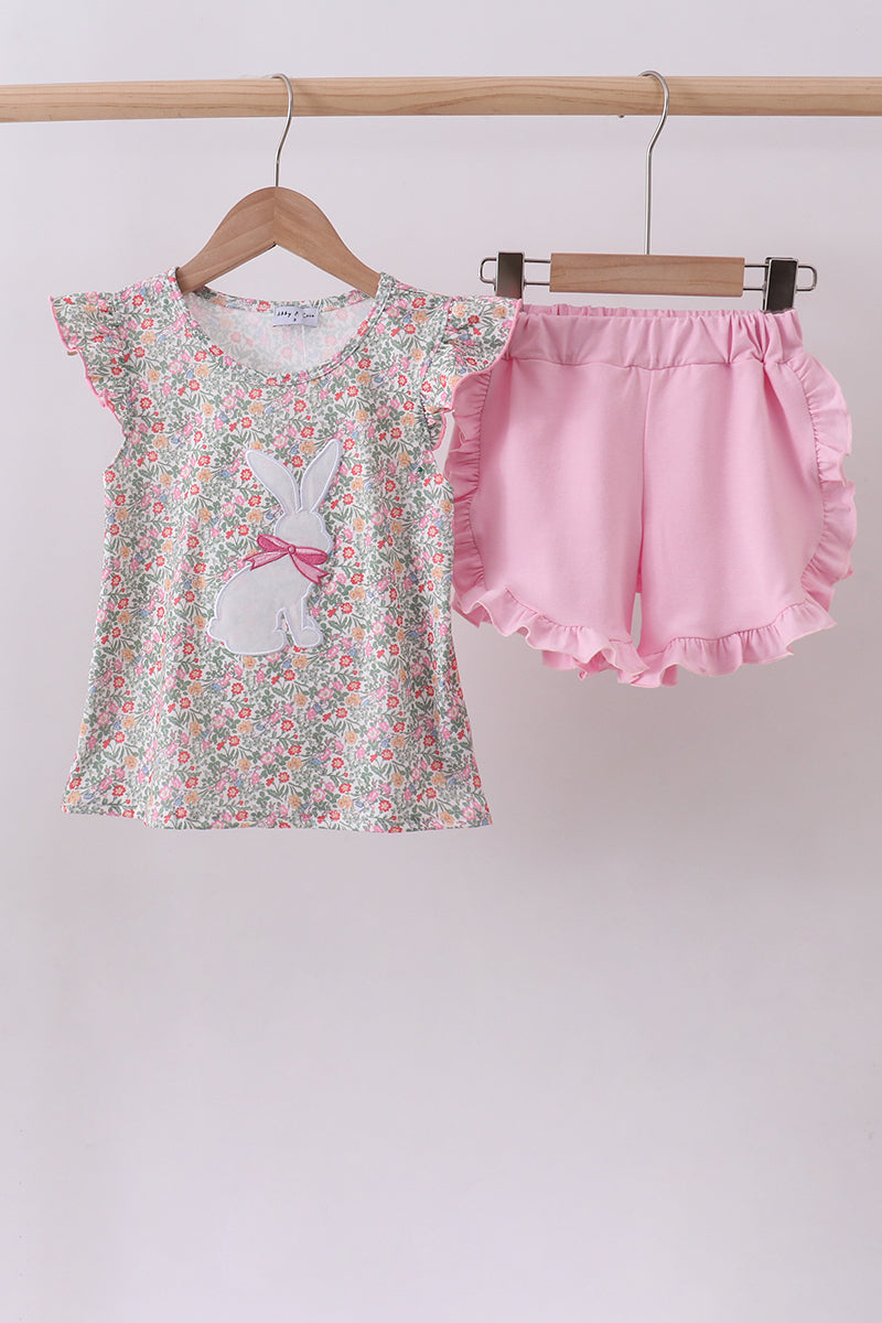 Floral bunny applique ruffle shorts set