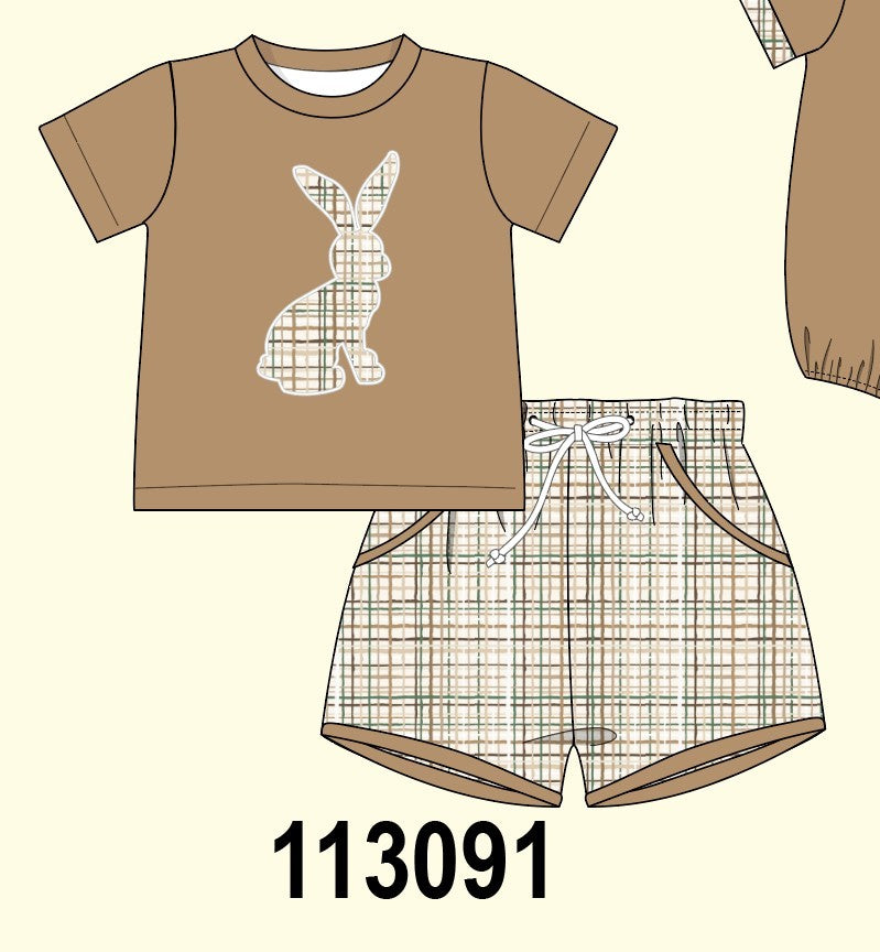 Brown plaid bunny applique shorts set