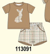 Brown plaid bunny applique shorts set