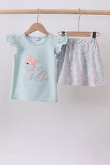 Blue floral bunny applique ruffle skorts set