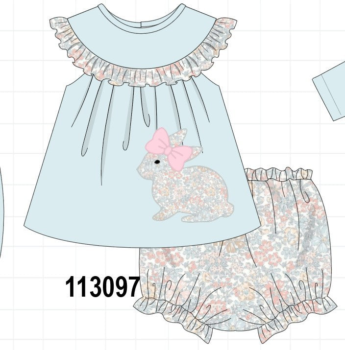 Blue floral bunny applique bloomer set