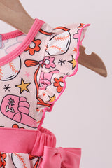 Pink baseball print ruffle bubble