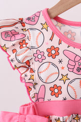 Pink baseball print ruffle shorts set