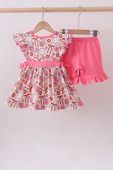 Pink baseball print ruffle shorts set