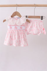 Pink bunny smocked lace collar bow bloomer set