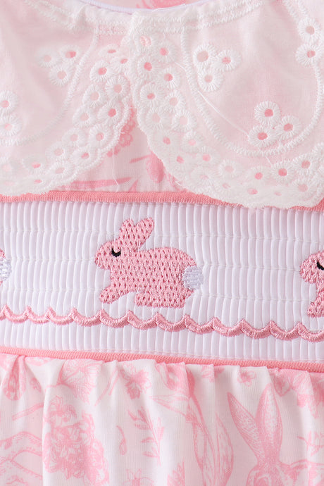 Pink bunny smocked lace collar bow bloomer set