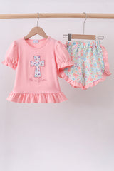 Pink cross applique ruffle shorts set