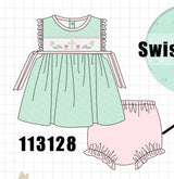 Green swiss dot cross sheep ruffle bloomer set