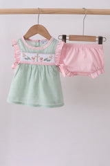 Green swiss dot cross sheep ruffle bloomer set