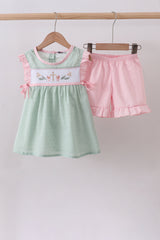 Green swiss dot cross sheep ruffle shorts set