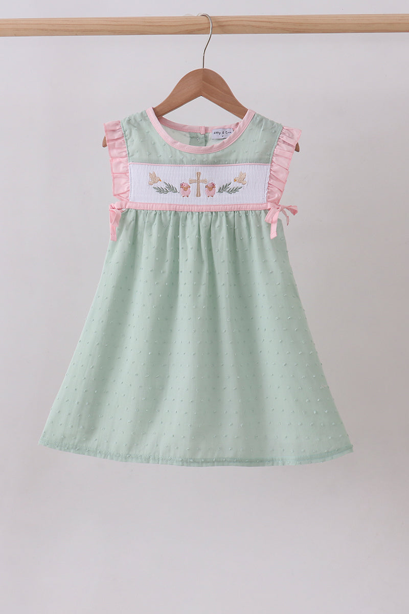 Green swiss dot cross sheep ruffle dress