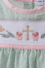 Green swiss dot cross sheep ruffle dress