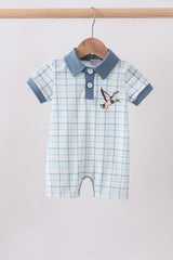 Blue plaid duck embroidery romper