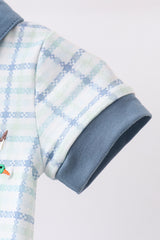 Blue plaid duck embroidery romper