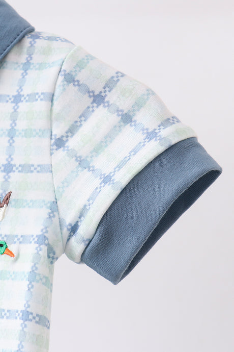 Blue plaid duck embroidery romper