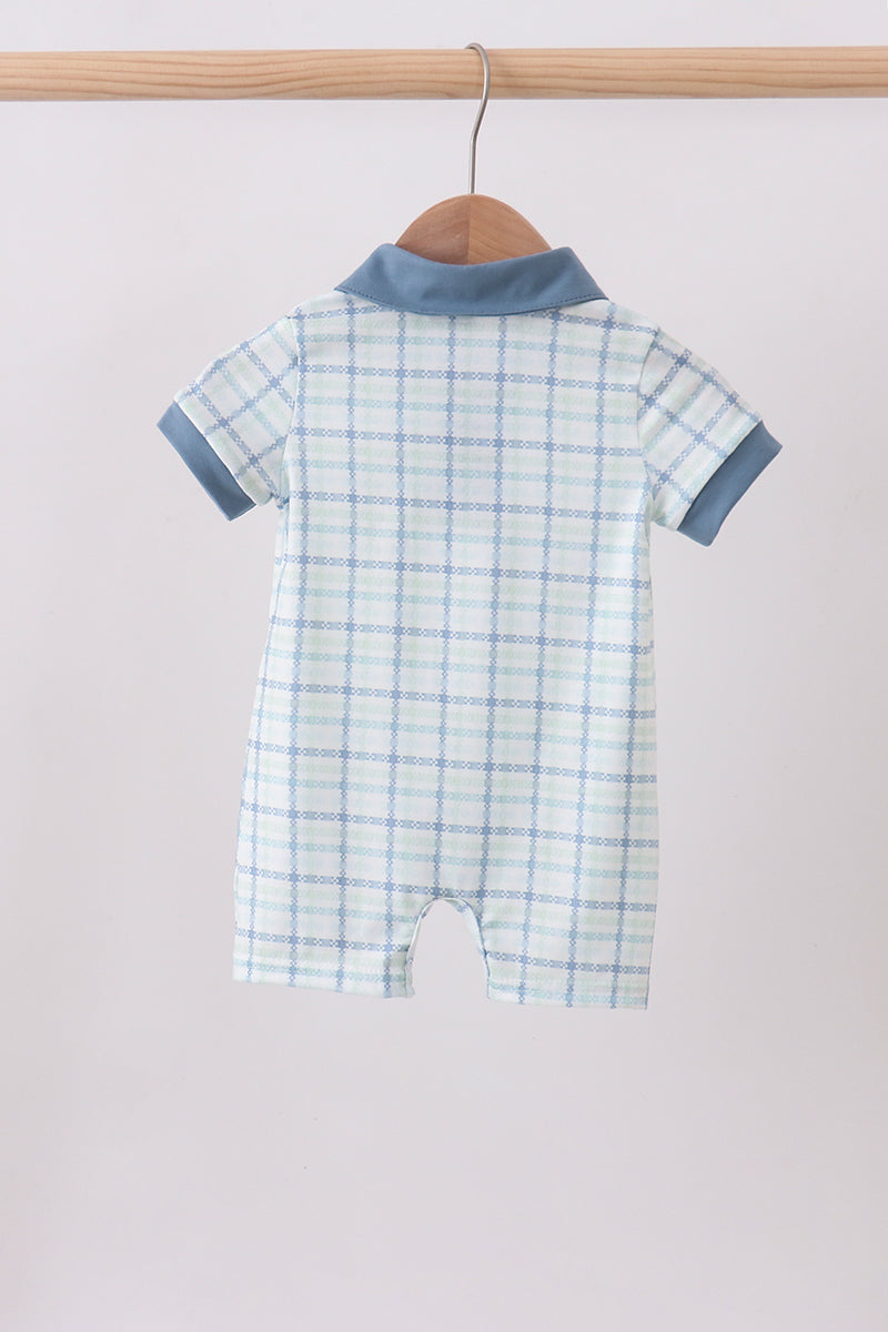 Blue plaid duck embroidery romper