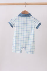 Blue plaid duck embroidery romper