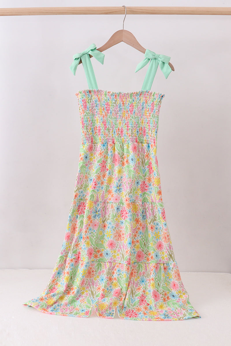 Pink floral smocked tiered dress