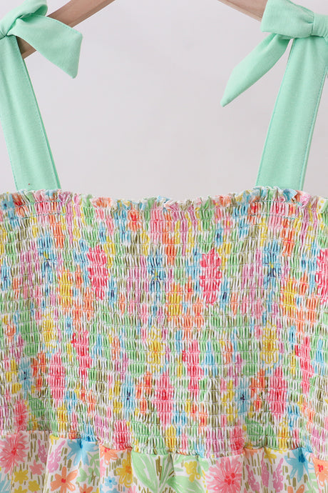 Pink floral smocked tiered dress