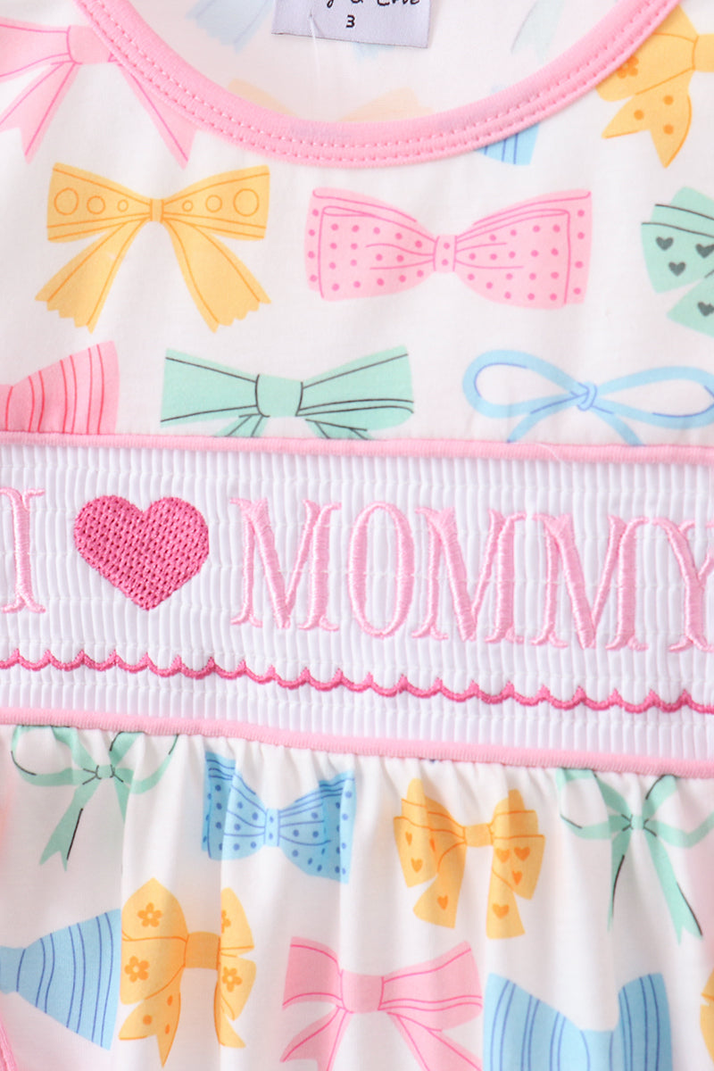 Pink bow I love MOMMY smocked ruffle bloomer set