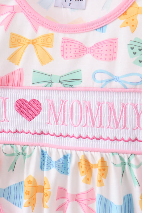Pink bow I love MOMMY smocked ruffle bloomer set