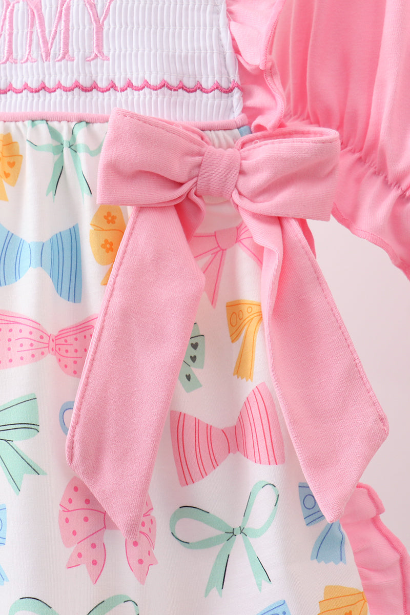 Pink bow I love MOMMY smocked ruffle bloomer set