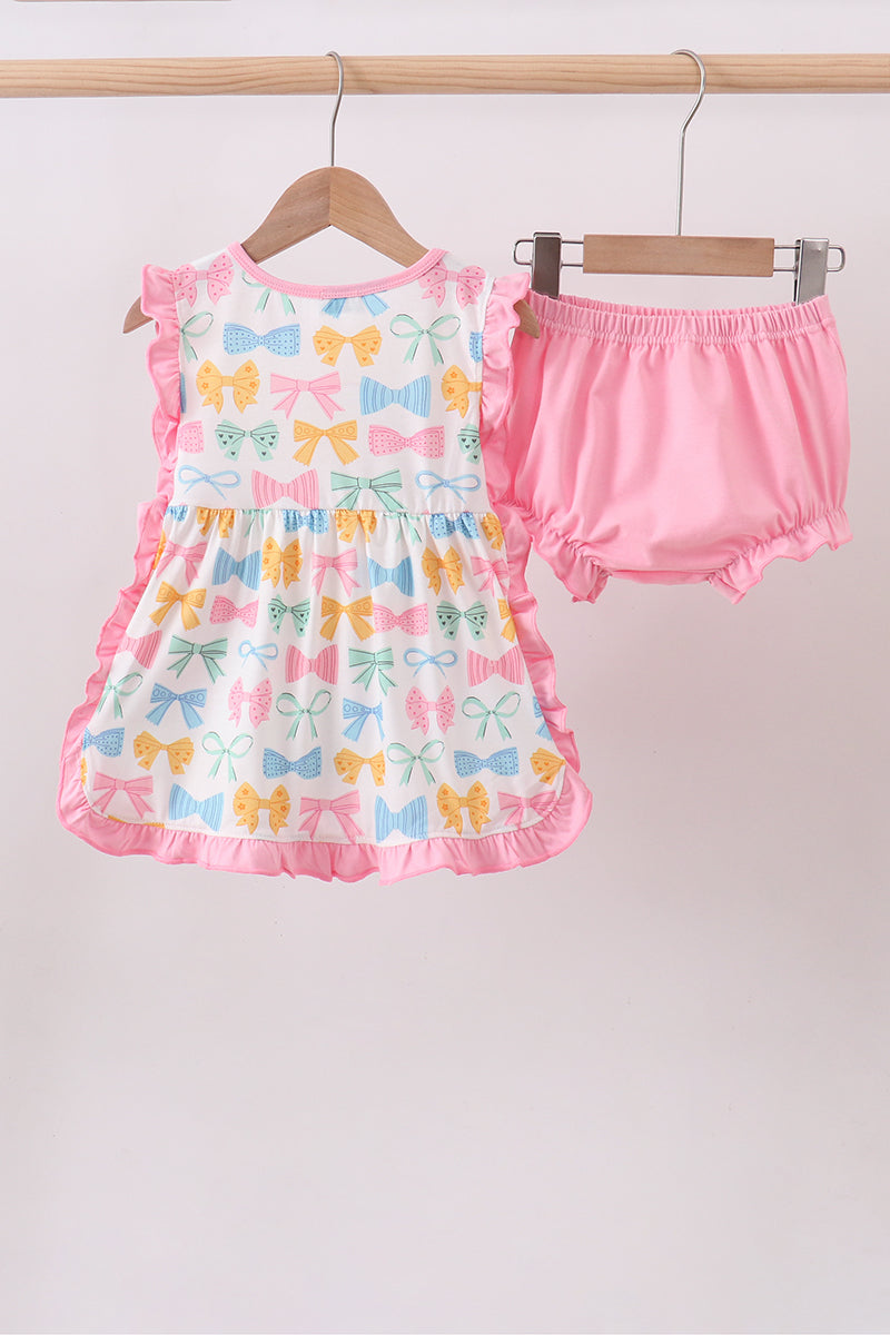 Pink bow I love MOMMY smocked ruffle bloomer set