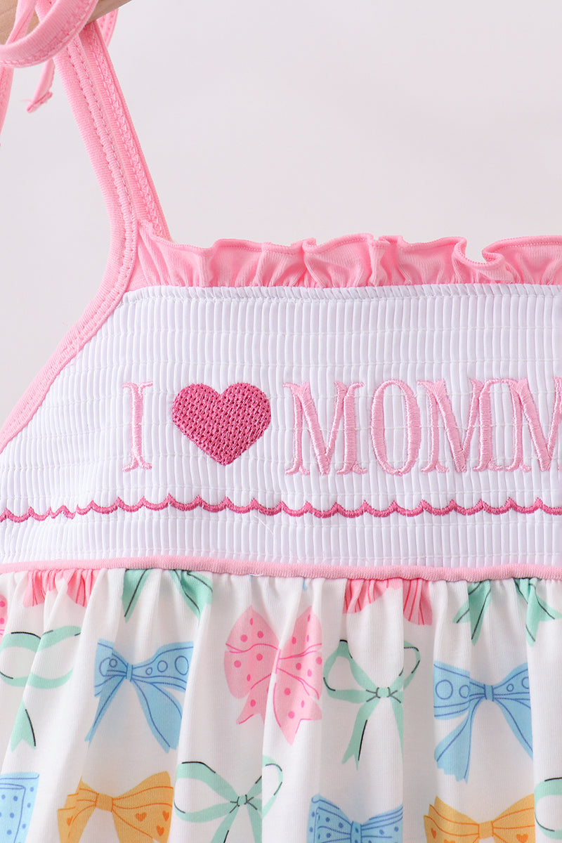 Pink bow I love MOMMY smocked ruffle dress