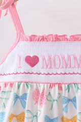 Pink bow I love MOMMY smocked ruffle dress