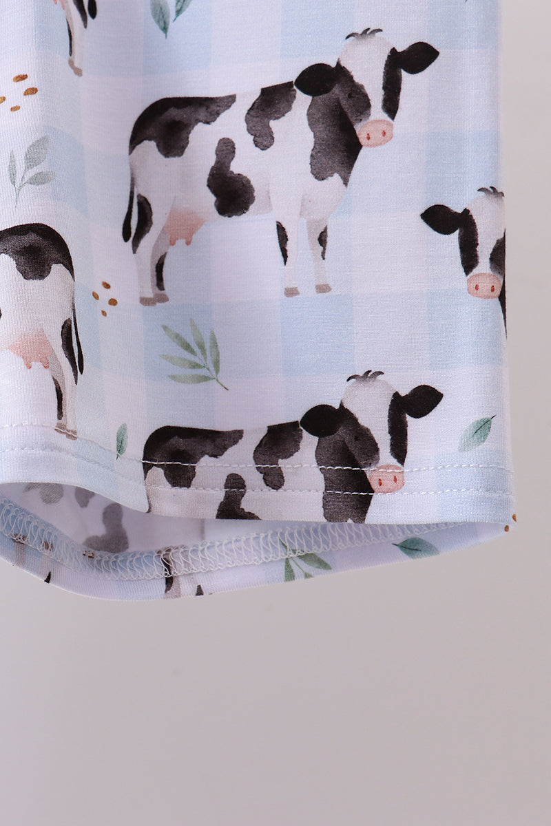 Blue cow print bamboo gingham shorts set