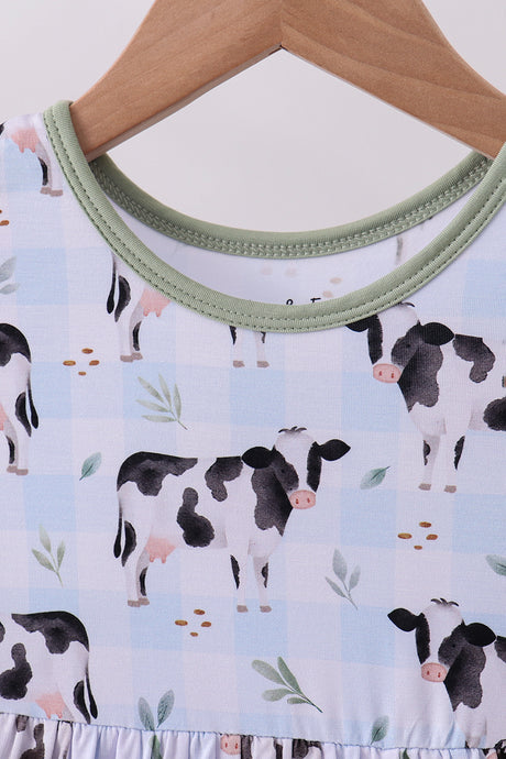 Blue cow print bamboo gingham dress