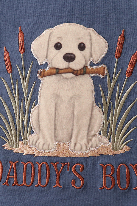 Blue puppy applique gingham shorts set