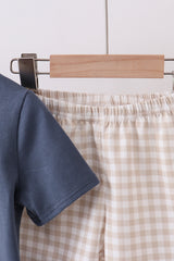 Blue puppy applique gingham shorts set