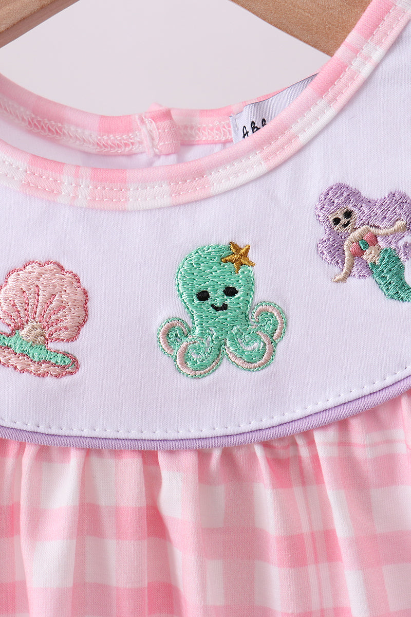 Pink octopus starfish embroidery plaid bloomer set