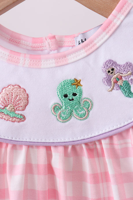 Pink octopus starfish embroidery plaid bloomer set