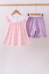Pink octopus starfish embroidery plaid ruffle shorts set