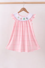 Pink octopus starfish embroidery plaid ruffle dress
