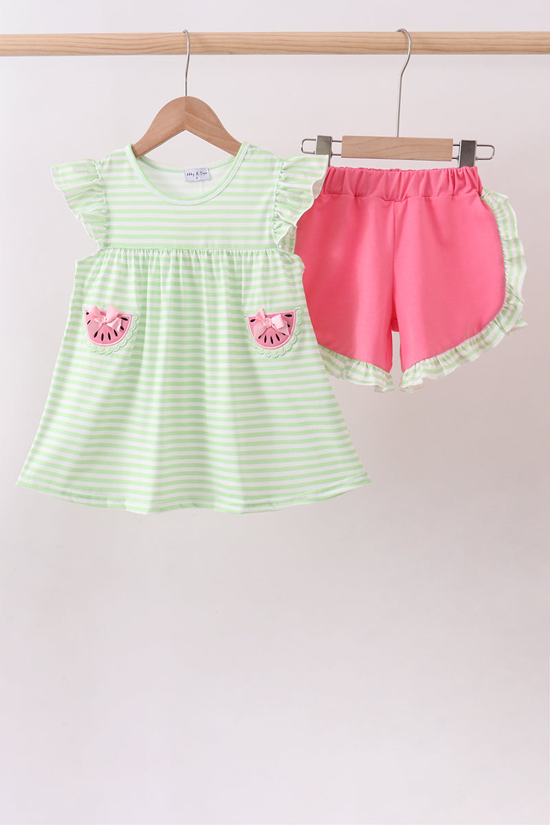Green watermelon applique ruffle shorts set