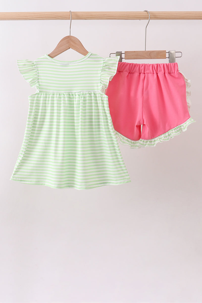 Green watermelon applique ruffle shorts set