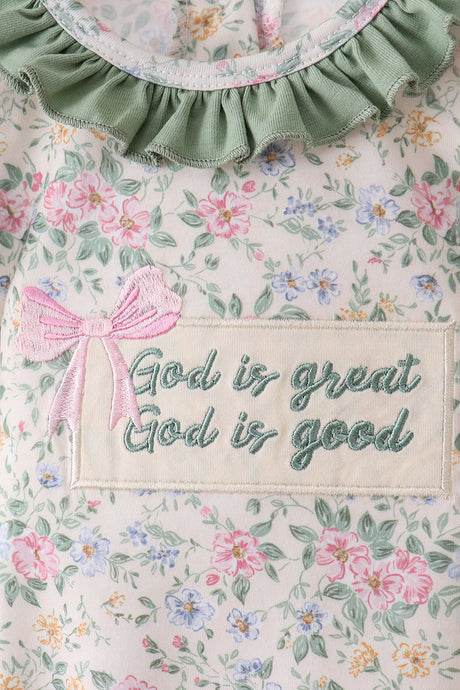 Green floral print bow ruffle bubble