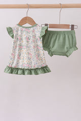 Green floral print bow ruffle bloomer set