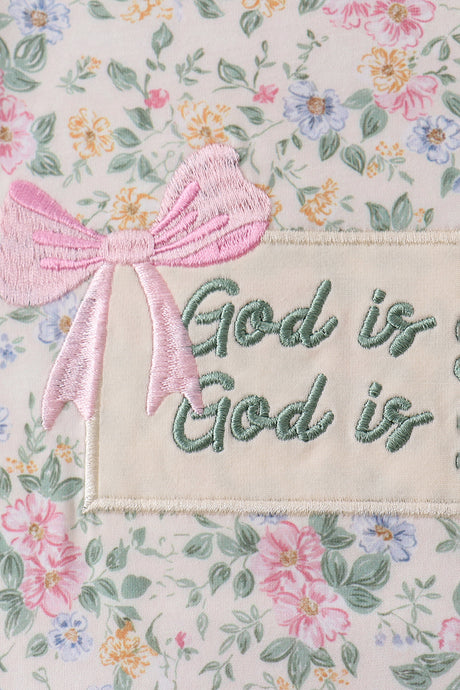 Green floral print bow ruffle shorts set