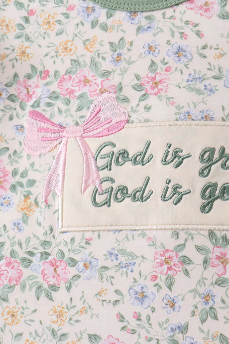 Green floral print bow ruffle dress